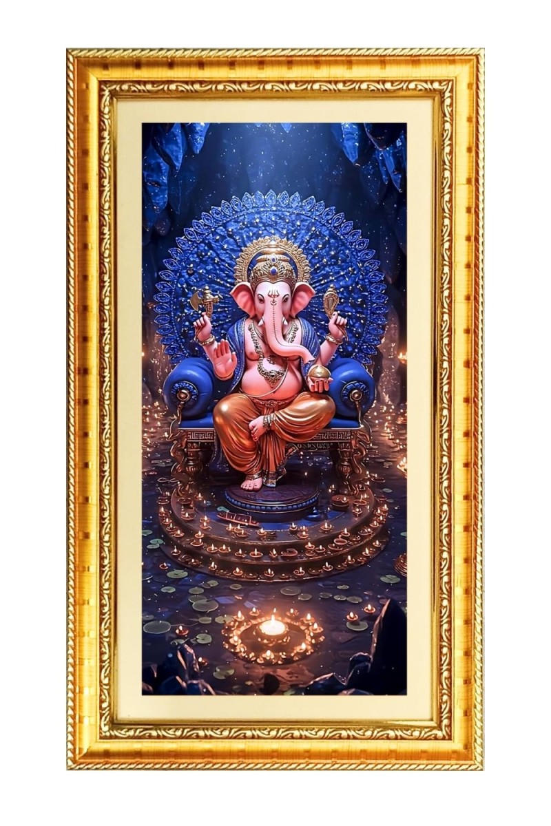 Lord Ganesh Digital Golden Color Photo Frame | Hindu Religious Wall Decor | 12x19 Inches - Inspirational Wall Art For Office, Home Decor - Ideal Spiritual Gift (F10385)