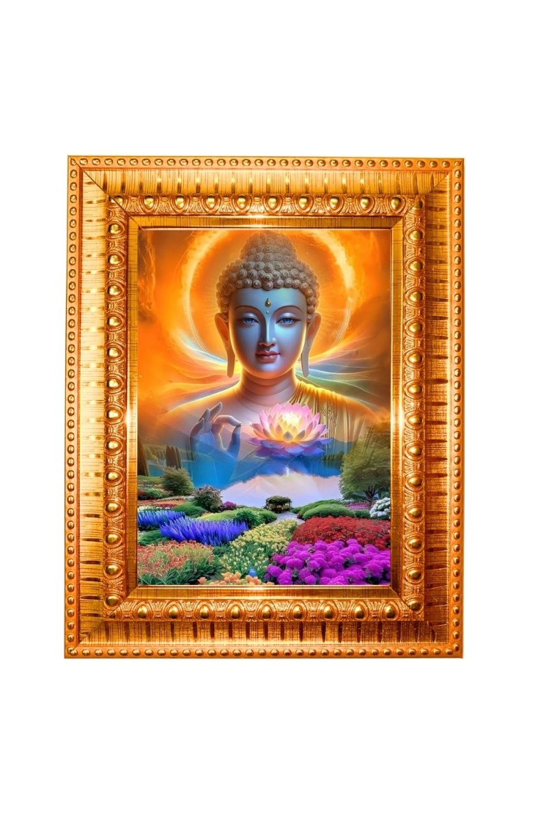 Divine Buddha Golden Designer Photo Frame | 10x14 Inch Religious Wall Hanging Frame For Home & Office Decoration | Hindu Deity Divine Buddha Spiritual Gift Item