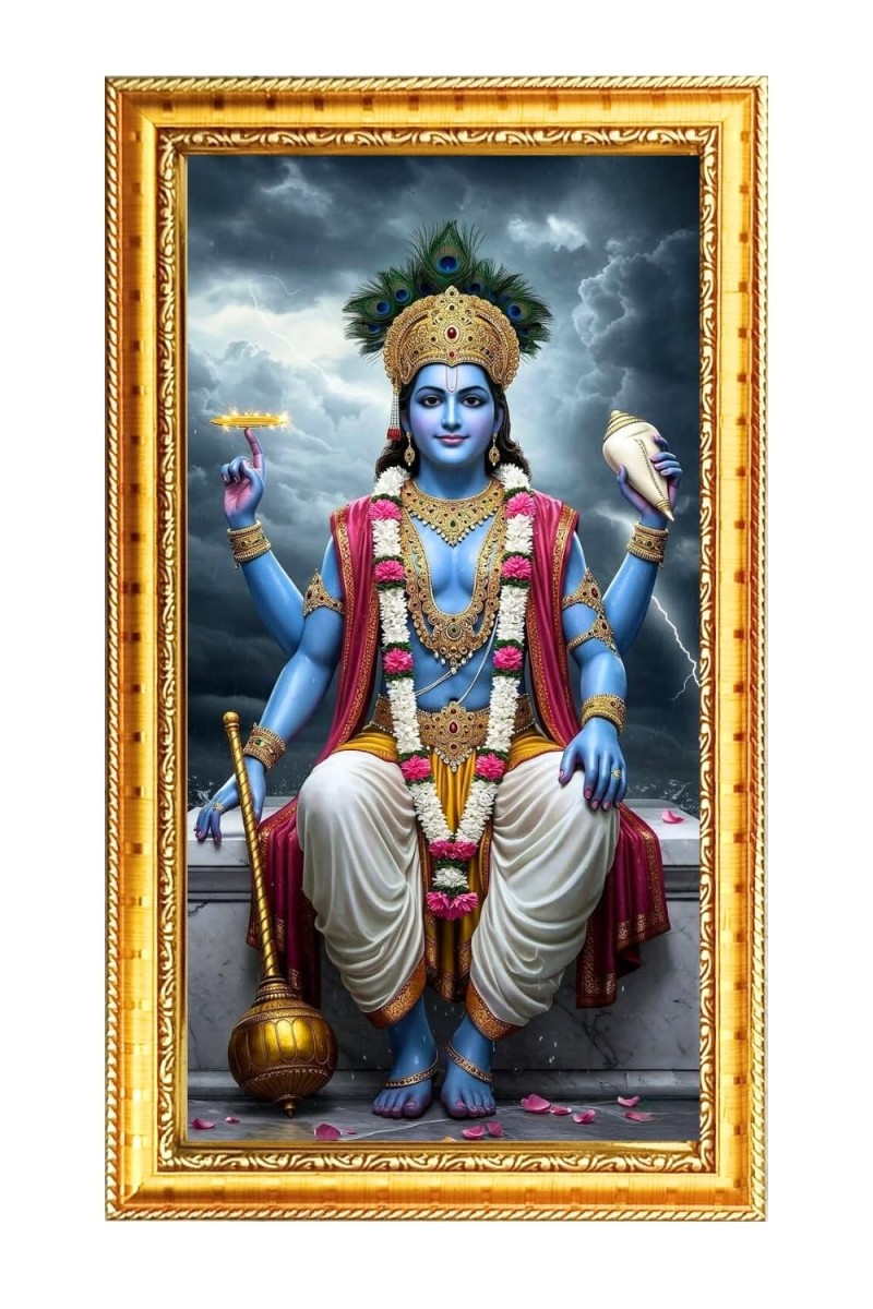 Lord Vishnu Digital Golden Color Photo Frame | Hindu Religious Wall Decor | 8x15 Inches - Inspirational Wall Art For Office, Home Decor - Ideal Spiritual Gift (F10225)