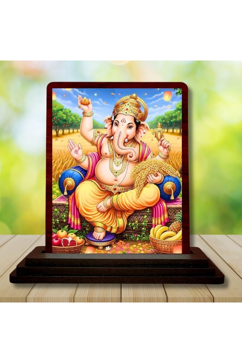 Car Desk/Table Top Lord Ganesha Wooden Photo Stand 3x4 Inches, Compact & Stylish Spiritual Display For Car, Home & Office (Pack Of 1) (F14523)
