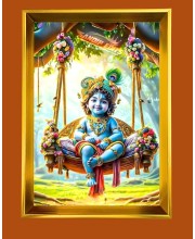 Laddu Gopaal Golden Photo Frame - 10x14 Inches | Elegant Wooden Frame For Home, Office & Temple Decoration | Spiritual Wall & Table Decor and Gift Item