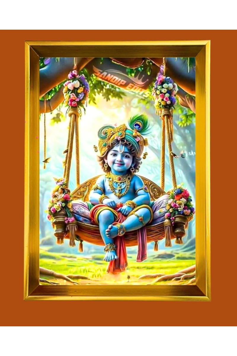 Laddu Gopaal Golden Photo Frame - 10x14 Inches | Elegant Wooden Frame For Home, Office & Temple Decoration | Spiritual Wall & Table Decor and Gift Item