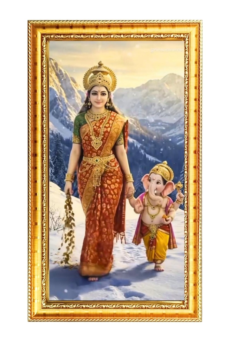 Yashoda & Ganesh Digital Golden Color Photo Frame | Hindu Religious Wall Decor | 8x15 Inches - Inspirational Wall Art For Office, Home Decor - Ideal Spiritual Gift (F10296)