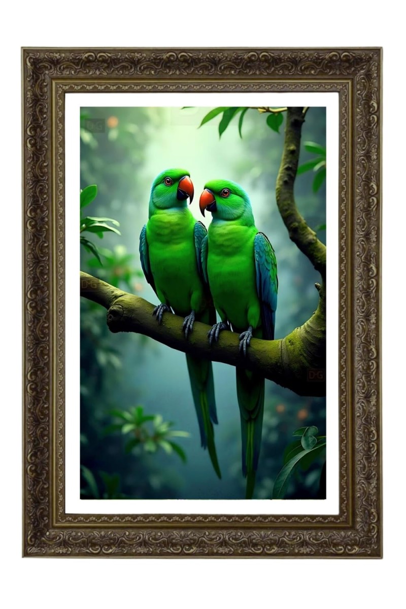 Two Love Birds Parrot Big Photo Frame - 20x28 Inches For Home,Temple & Office Decoration (F11045)