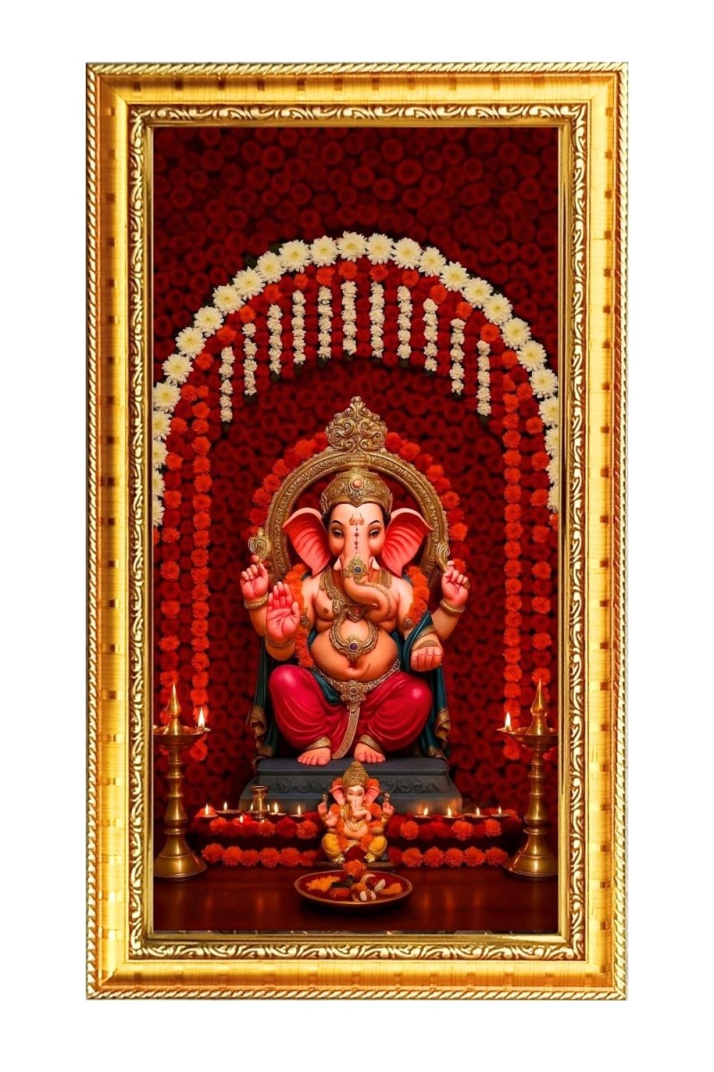 Lord Ganesh Digital Golden Color Photo Frame | Hindu Religious Wall Decor | 8x15 Inches - Inspirational Wall Art For Office, Home Decor - Ideal Spiritual Gift (F10331)