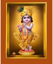 Little Krishna Golden Photo Frame - 10x14 Inches | Elegant Wooden Frame For Home, Office & Temple Decoration | Spiritual Wall & Table Decor and Gift Item