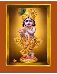 Little Krishna Golden Photo Frame - 10x14 Inches | Elegant Wooden Frame For Home, Office & Temple Decoration | Spiritual Wall & Table Decor And Gift Item (F9871)