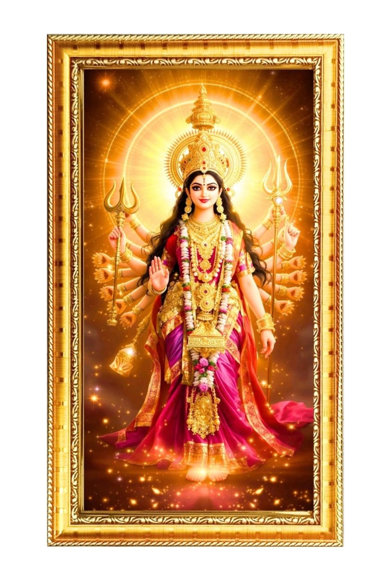Devi Durga Digital Golden Color Photo Frame | Hindu Religious Wall Decor | 10x17 Inches - Inspirational Wall Art For Office, Home Decor - Ideal Spiritual Gift (F10254)