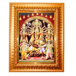 Goddess Maa Durga Golden Designer Photo Frame | 10x14 Inch Religious Wall Hanging Frame For Home & Office Decoration | Hindu Deity Goddess Maa Durga Spiritual Gift Item