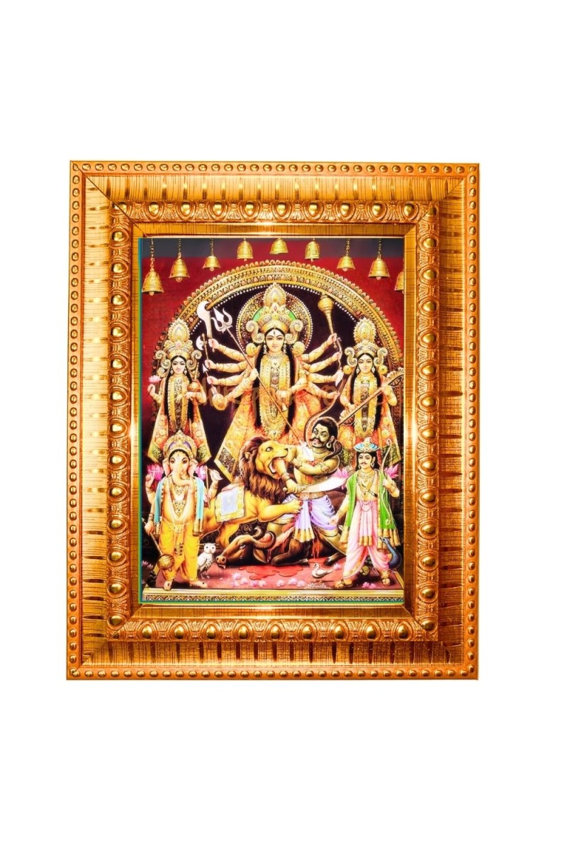 Goddess Maa Durga Golden Designer Photo Frame | 10x14 Inch Religious Wall Hanging Frame For Home & Office Decoration | Hindu Deity Goddess Maa Durga Spiritual Gift Item