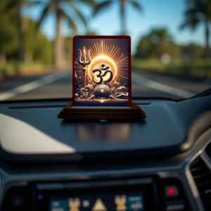 Car Desk/Table Top Om Symbol Wooden Photo Stand 3x4 Inches, Compact & Stylish Spiritual Display For Car, Home & Office (Pack Of 1) (F14449)
