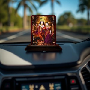 Car Desk/Table Top Radha Krishna Wooden Photo Stand 3x4 Inches, Compact & Stylish Spiritual Display For Car, Home & Office (Pack Of 1) (F14227)