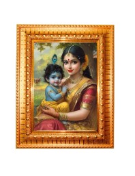 Yashoda And Lord Krishna Golden Designer Photo Frame | 10x14 Inch Religious Wall Hanging Frame For Home & Office Decoration | Hindu Deity Yashoda And Lord Krishna Spiritual Gift Item