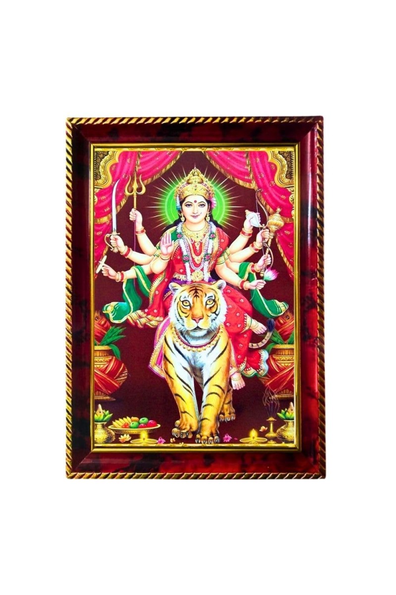 Goddess Durga Photo Frame For Wall & Table | 7x9 Inch Golden Cherry Finish | Decorative Goddess Durga Photo Frame For Home, Office & Pooja Room (F11825)