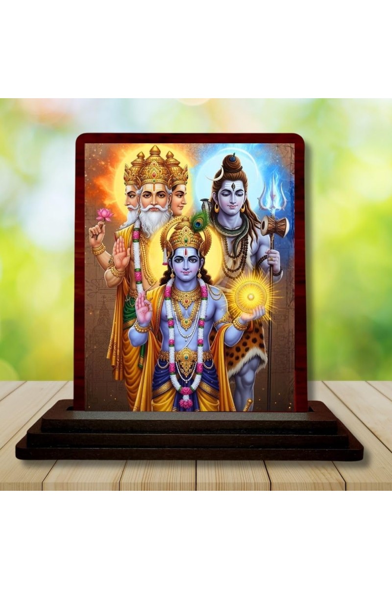 Car Desk/Table Top Bramha Vishnu Shiva Wooden Photo Stand 3x4 Inches, Compact & Stylish Spiritual Display For Car, Home & Office (Pack Of 1) (F14244)