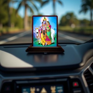 Car Desk/Table Top Lord Radha Krishna Wooden Photo Stand 3x4 Inches, Compact & Stylish Spiritual Display For Car, Home & Office (Pack Of 1) (F15111)
