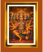 Panchmukhi Hanuman Golden Photo Frame - 10x14 Inches | Elegant Wooden Frame For Home, Office & Temple Decoration | Spiritual Wall & Table Decor and Gift Item