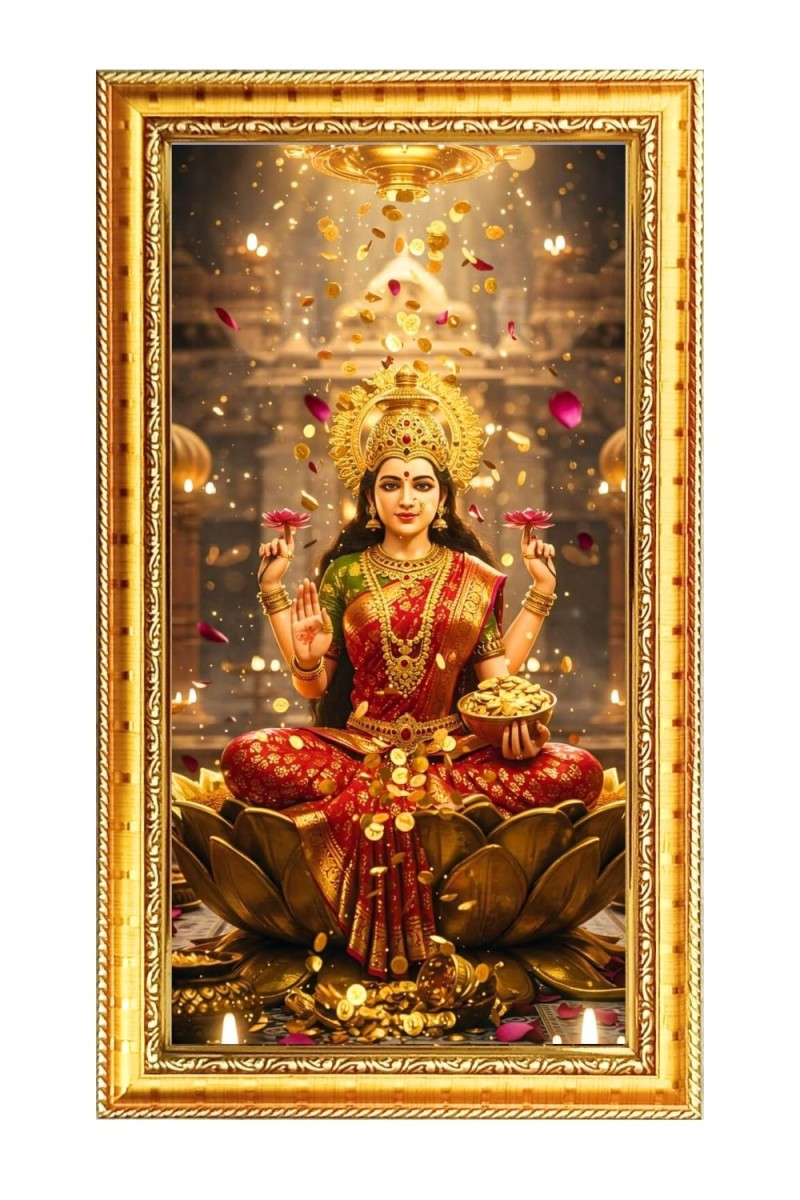 Mata Lakhsmi Digital Golden Color Photo Frame | Hindu Religious Wall Decor | 12x19 Inches - Inspirational Wall Art For Office, Home Decor - Ideal Spiritual Gift (F10366)