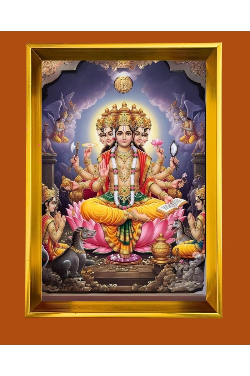 Lord Brahma Golden Photo Frame - 18x22 Inches | Elegant Wooden Frame For Home, Office & Temple Decoration | Spiritual Wall & Table Decor And Gift Item (F9543)