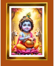 Cute Baby Krishna Golden Photo Frame - 10x14 Inches | Elegant Wooden Frame For Home, Office & Temple Decoration | Spiritual Wall & Table Decor and Gift Item