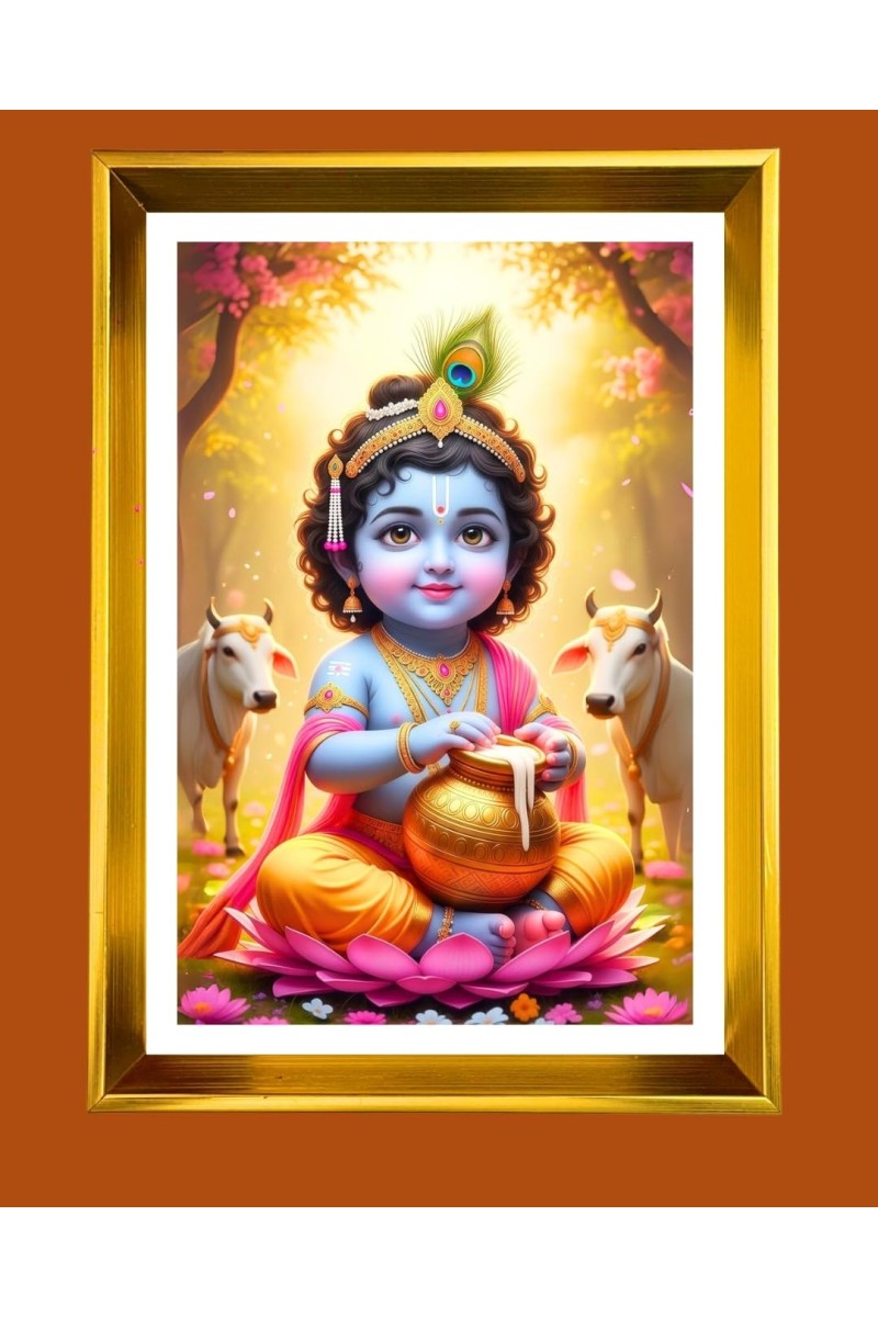 Cute Baby Krishna Golden Photo Frame - 10x14 Inches | Elegant Wooden Frame For Home, Office & Temple Decoration | Spiritual Wall & Table Decor and Gift Item