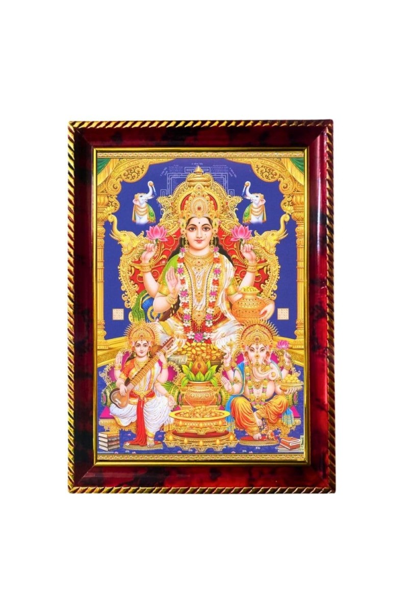 Lakshmi Ganesh Saraswathi Photo Frame For Wall & Table | 7x9 Inch Golden Cherry Finish | Decorative Lakshmi Ganesh Saraswathi Photo Frame For Home, Office & Pooja Room (F11556)