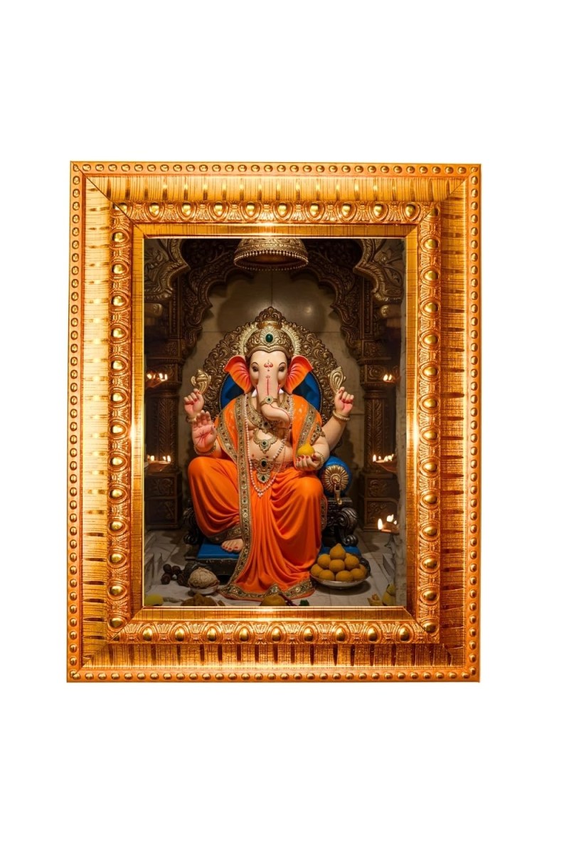 Divine Ganesha Golden Designer Photo Frame | 18x22 Inch Religious Wall Hanging Frame For Home, Office Decoration and Spiritual Gift Item (M6)