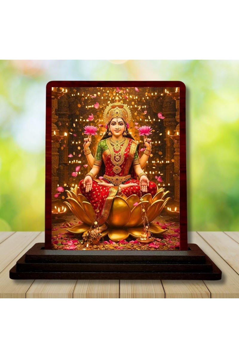 Car Desk/Table Top Goddess Lakshmi Wooden Photo Stand 3x4 Inches, Compact & Stylish Spiritual Display For Car, Home & Office (Pack Of 1) (F14607)
