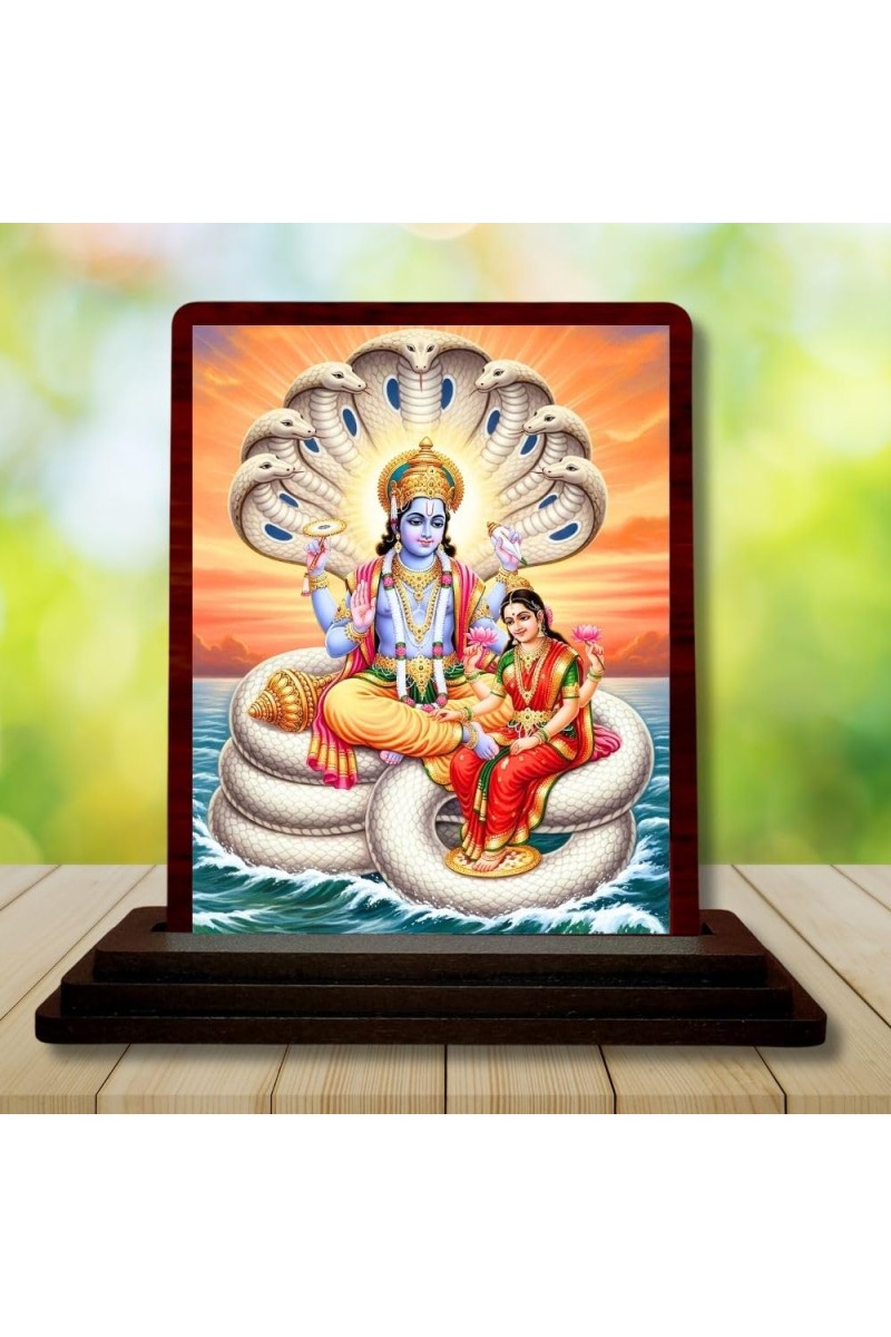 Car Desk/Table Top Lord Vishnu Lakshmi Wooden Photo Stand 3x4 Inches, Compact & Stylish Spiritual Display For Car, Home & Office (Pack Of 1) (F14571)