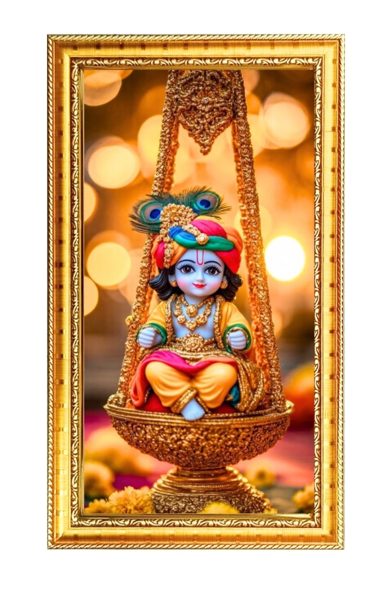 Baby Krishna Digital Golden Color Photo Frame | Hindu Religious Wall Decor | 10x17 Inches - Inspirational Wall Art For Office, Home Decor - Ideal Spiritual Gift (F10274)