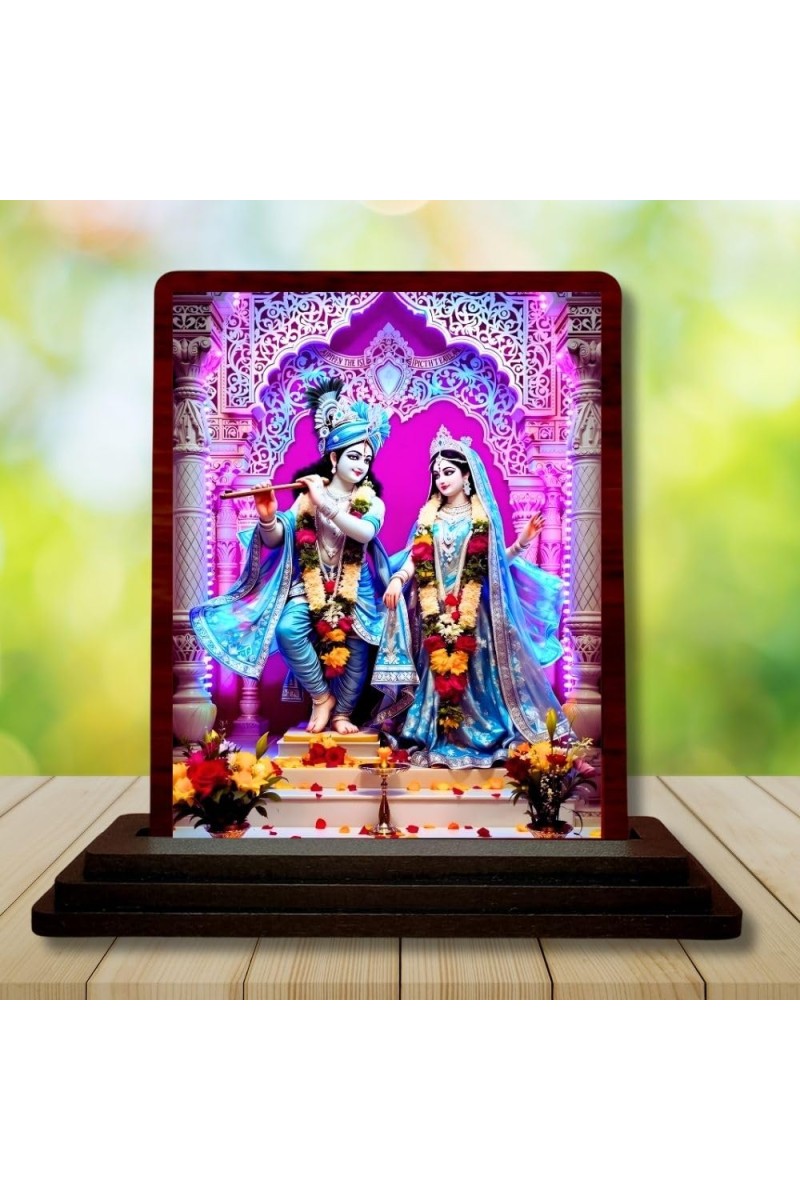 Car Desk/Table Top Radha Krishna Wooden Photo Stand 3x4 Inches, Compact & Stylish Spiritual Display For Car, Home & Office (Pack Of 1) (F14223)