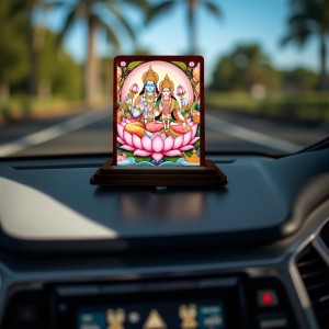 Car Desk/Table Top Lord Vishnu Lakshmi Wooden Photo Stand 3x4 Inches, Compact & Stylish Spiritual Display For Car, Home & Office (Pack Of 1) (F14443)
