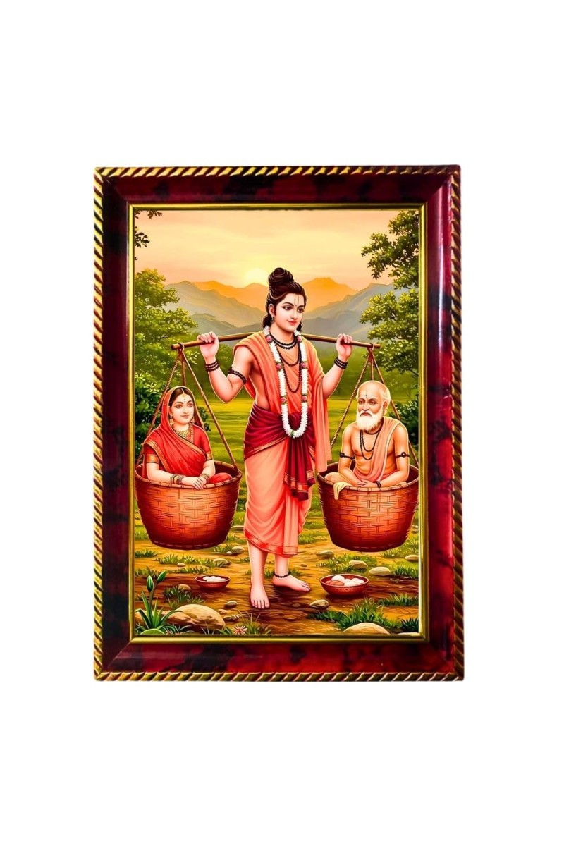 Shravana Kumara With His Parents Photo Frame For Wall & Table | 7x9 Inch Golden Cherry Finish | Decorative Shravana Kumara With His Parents Photo Frame For Home, Office & Pooja Room (F11895)