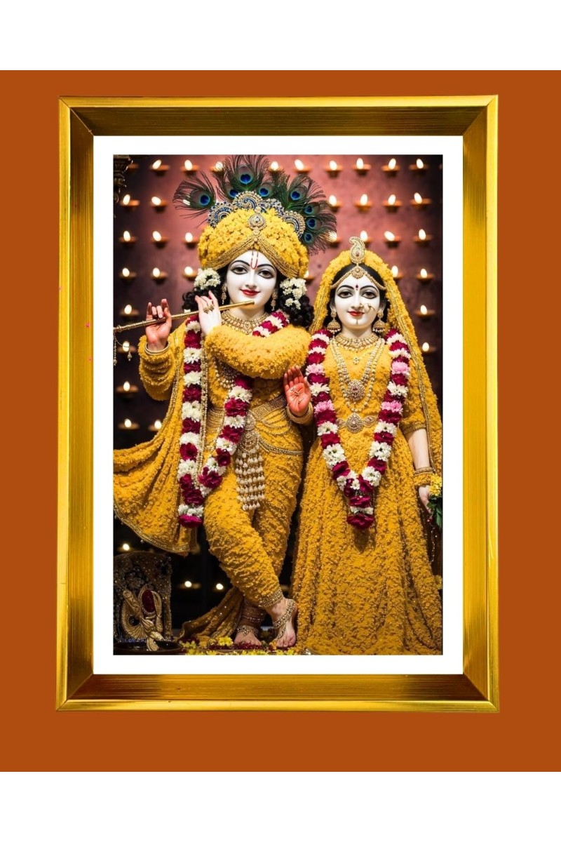 Divine Radha Krishna Golden Photo Frame - 10x14 Inches | Elegant Wooden Frame For Home, Office & Temple Decoration | Spiritual Wall & Table Decor and Gift Item