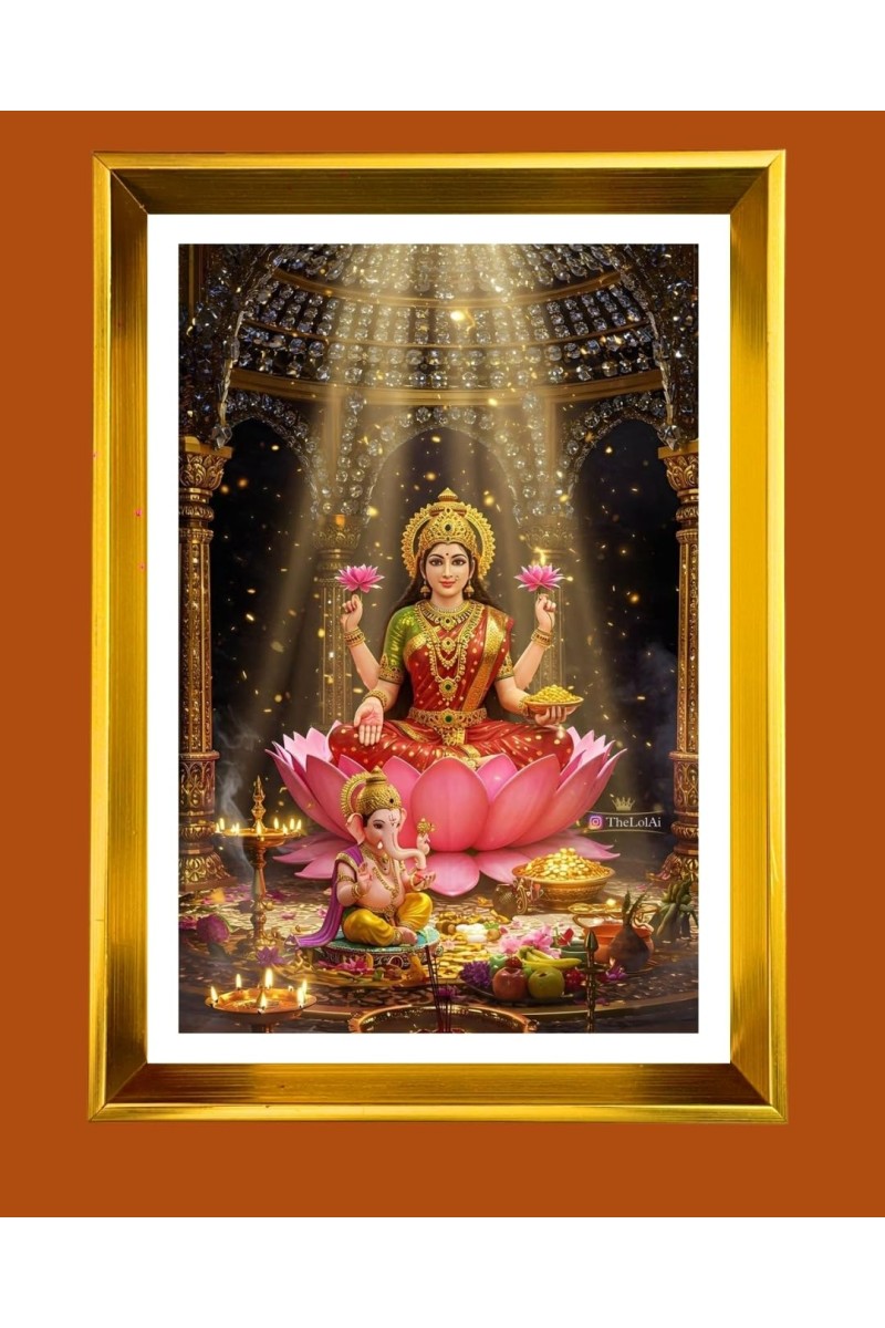 Mata Lakhsmi Golden Photo Frame - 18x22 Inches | Elegant Wooden Frame For Home, Office & Temple Decoration | Spiritual Wall & Table Decor And Gift Item (F9559)