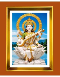 Mata Saraswati Golden Photo Frame - 10x14 Inches | Elegant Wooden Frame For Home, Office & Temple Decoration | Spiritual Wall & Table Decor And Gift Item (F9510)
