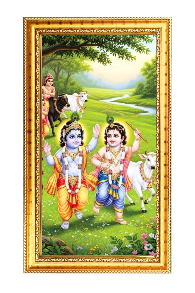 Little Krishna Digital Golden Color Photo Frame | Hindu Religious Wall Decor | 10x17 Inches - Inspirational Wall Art For Office, Home Decor - Ideal Spiritual Gift (F10302)