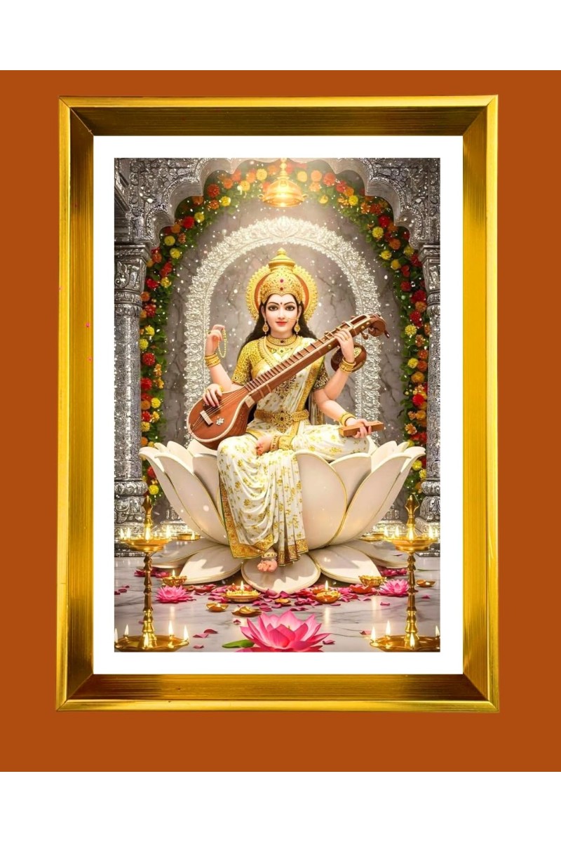 Mata Saraswati Golden Photo Frame - 16x20 Inches | Elegant Wooden Frame For Home, Office & Temple Decoration | Spiritual Wall & Table Decor And Gift Item (F9479)
