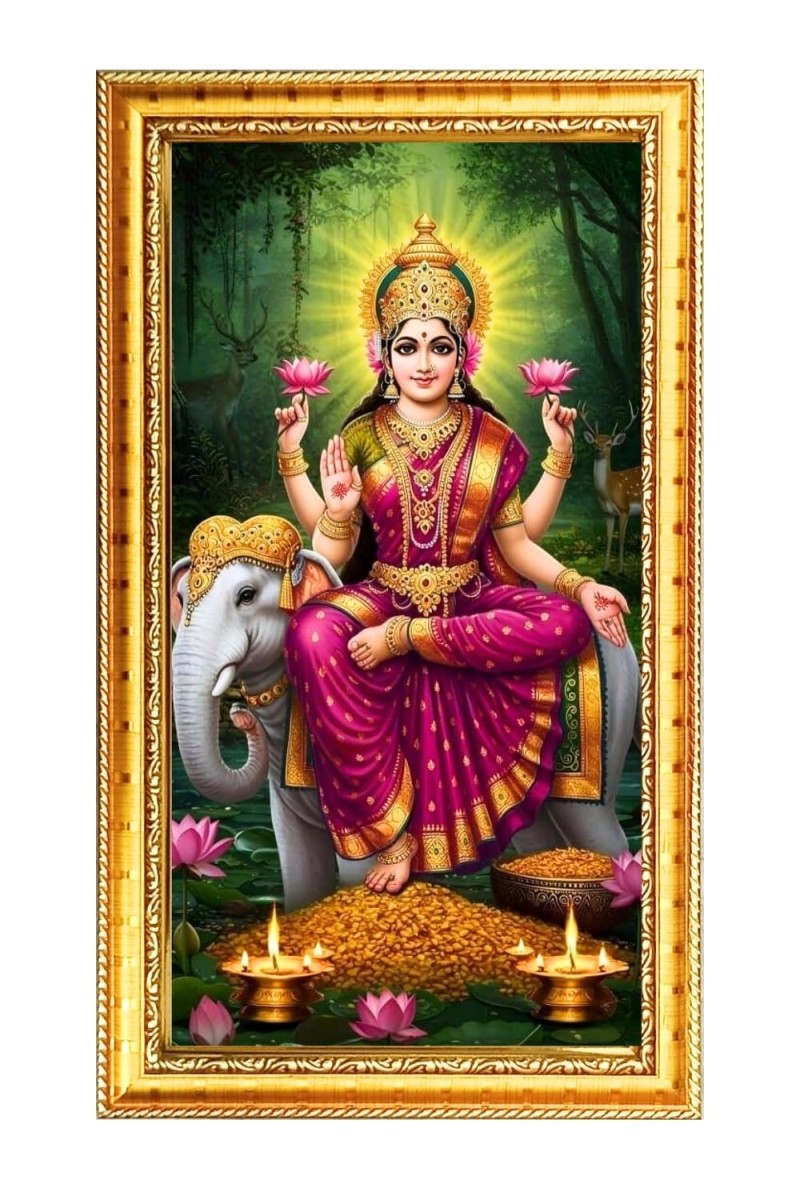 Mata Lakhsmi Digital Golden Color Photo Frame | Hindu Religious Wall Decor | 8x15 Inches - Inspirational Wall Art For Office, Home Decor - Ideal Spiritual Gift (F10238)