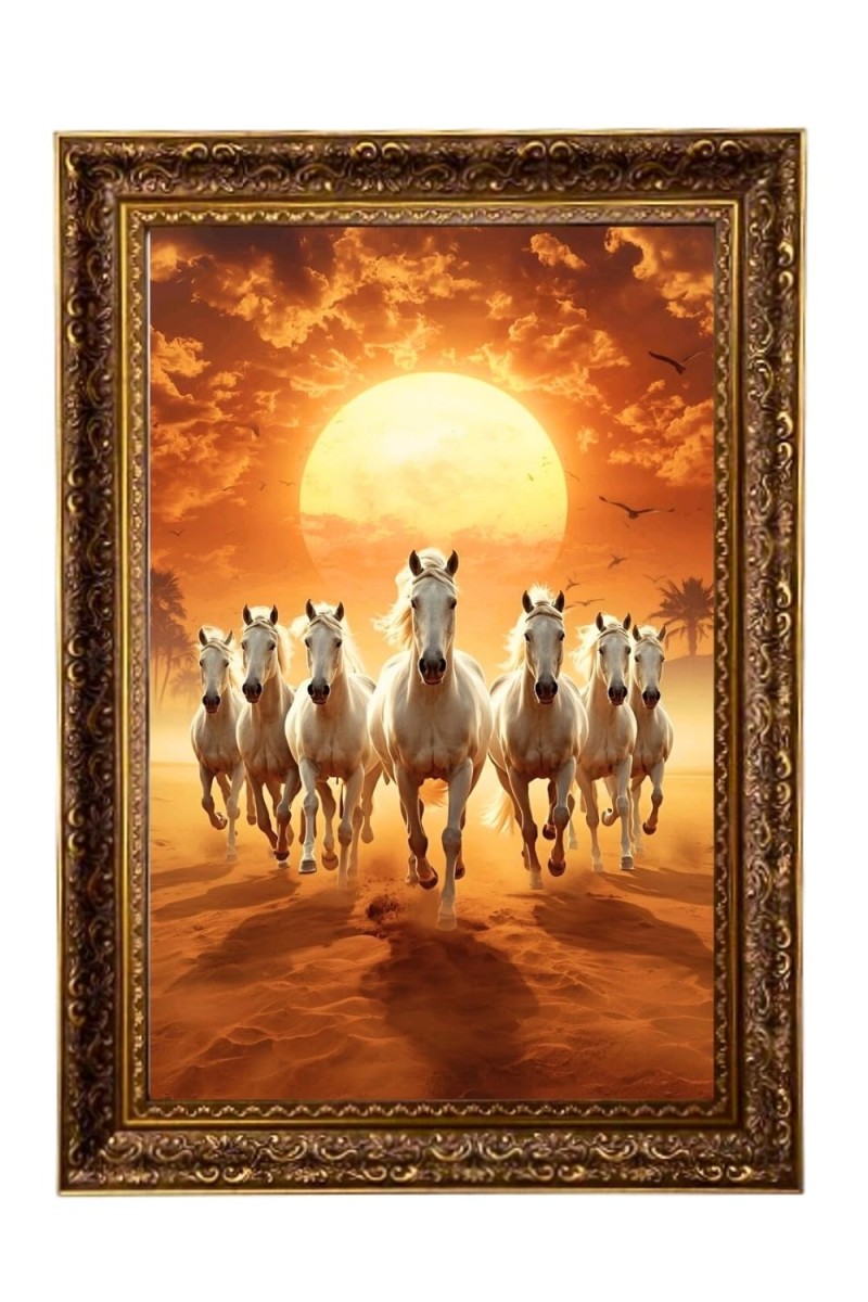 Seven Running Horses Big Photo Frame - 20x28 Inches For Home,Temple & Office Decoration (F11221)