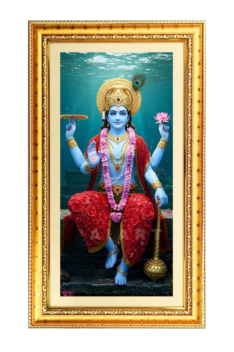 Lord Vishnu Digital Golden Color Photo Frame | Hindu Religious Wall Decor | 12x19 Inches - Inspirational Wall Art For Office, Home Decor - Ideal Spiritual Gift (F10398)