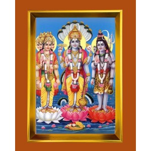 Lord Brahma, Vishnu, Shiva Golden Photo Frame - 14x18 Inches | Elegant Wooden Frame For Home, Office & Temple Decoration | Spiritual Wall & Table Decor And Gift Item (F9496)