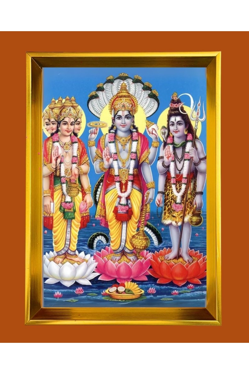 Lord Brahma, Vishnu, Shiva Golden Photo Frame - 10x14 Inches | Elegant Wooden Frame For Home, Office & Temple Decoration | Spiritual Wall & Table Decor and Gift Item