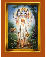 Shirdi Sai Baba Golden Photo Frame - 12x16 Inches | Elegant Wooden Frame For Home, Office & Temple Decoration | Spiritual Wall & Table Decor And Gift Item (F9764)