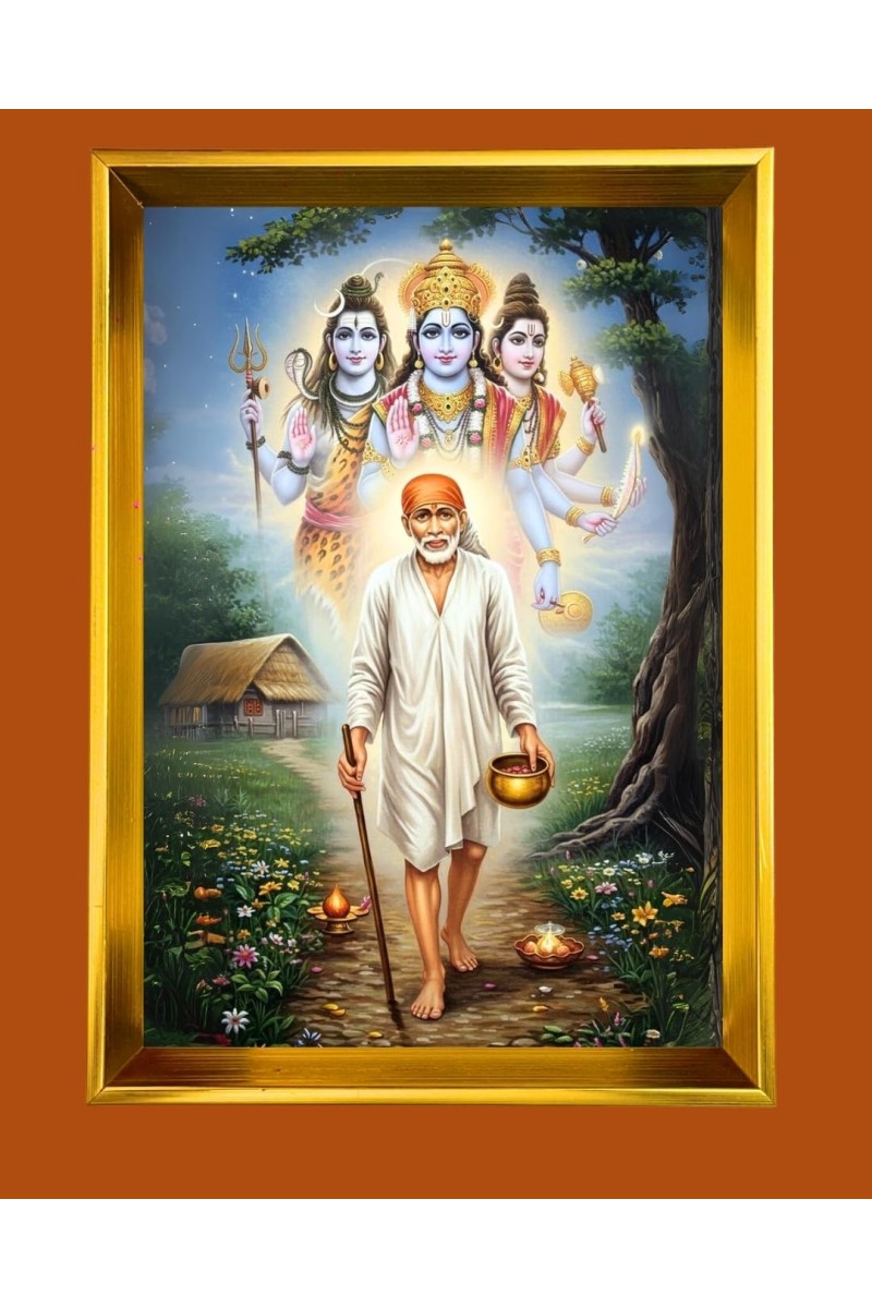 Shirdi Sai Baba Golden Photo Frame - 10x14 Inches | Elegant Wooden Frame For Home, Office & Temple Decoration | Spiritual Wall & Table Decor And Gift Item (F9764)