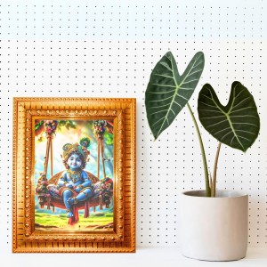 Little Krishna Golden Designer Photo Frame | 12x16 Inch Religious Wall Hanging Frame For Home & Office Decoration | Hindu Deity Spiritual Gift Item