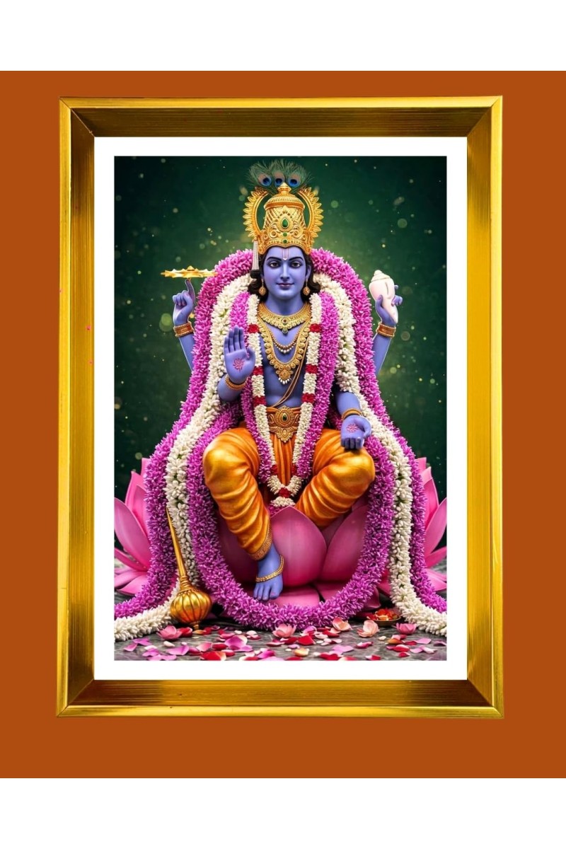 Lord Vishnu Golden Photo Frame - 16x20 Inches | Elegant Wooden Frame For Home, Office & Temple Decoration | Spiritual Wall & Table Decor And Gift Item (F9779)