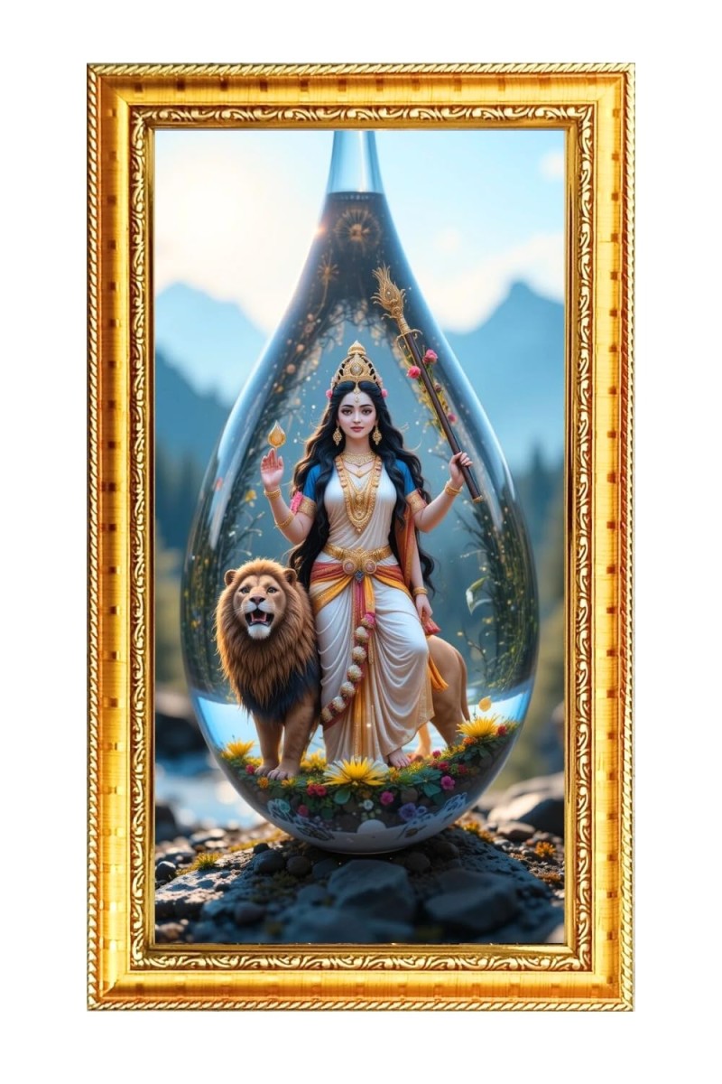Mata Durga Digital Golden Color Photo Frame | Hindu Religious Wall Decor | 10x17 Inches - Inspirational Wall Art For Office, Home Decor - Ideal Spiritual Gift (F10359)