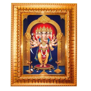 Panchamukhi Vinayaka Or Heramba Ganapati Golden Designer Photo Frame | 10x14 Inch Religious Wall Hanging Frame For Home & Office Decoration | Hindu Deity Panchamukhi Vinayaka Or Heramba Ganapati Spiri