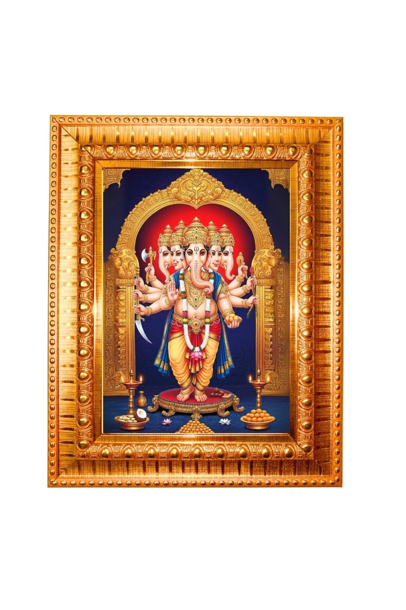 Panchamukhi Vinayaka Or Heramba Ganapati Golden Designer Photo Frame | 10x14 Inch Religious Wall Hanging Frame For Home & Office Decoration | Hindu Deity Spiritual Gift Item